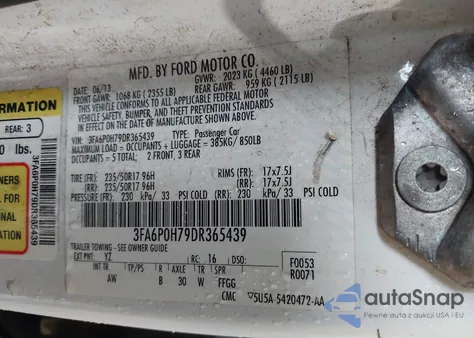 2013 Ford Fusion Se from USA, damaged, VIN 3FA6P0H79DR365439